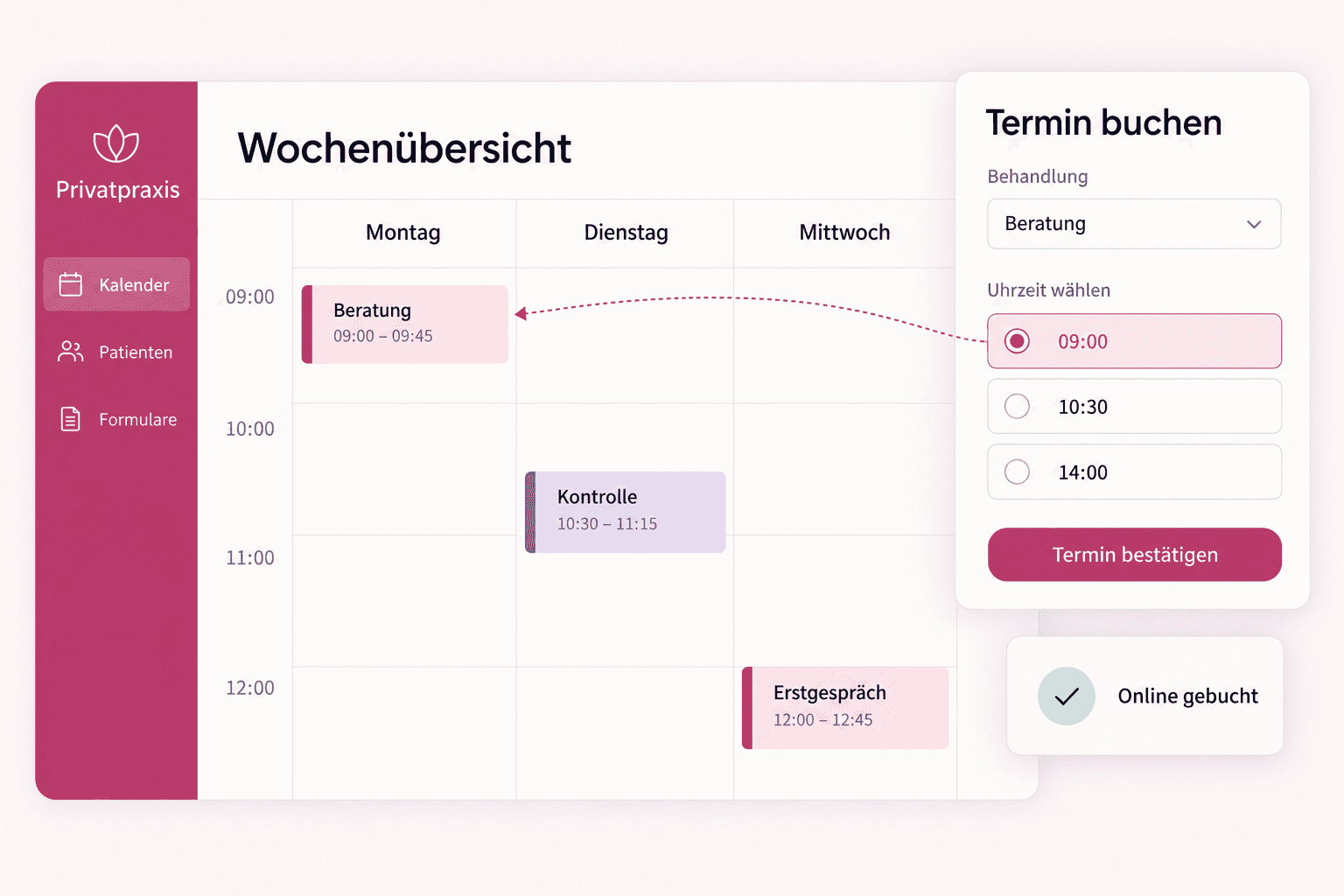 Produktvisualisierung: Ein online gewählter Beratungstermin erscheint im Kalender einer beispielhaften Privatpraxis.
